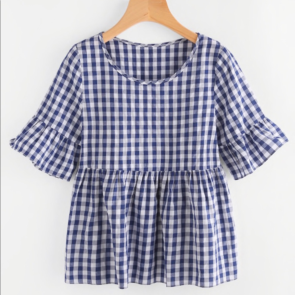 Frill Trim Gingham Blouse SHEIN